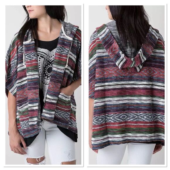 Billabong Shadow Views French Terry Hooded Poncho Open Cardigan Cover Up Size M - Picture 2 of 10